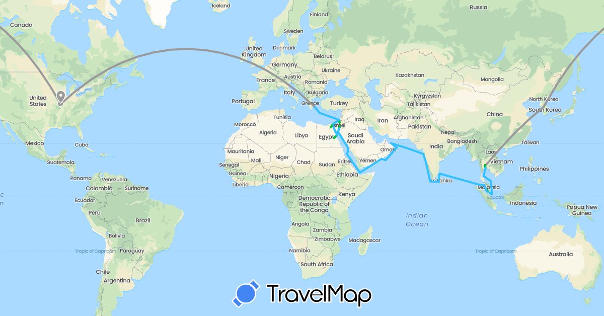TravelMap itinerary: bus, plane, boat in Egypt, Greece, Israel, India, Jordan, South Korea, Sri Lanka, Malaysia, Oman, Palestinian Territories, Saudi Arabia, Singapore, Thailand, United States (Africa, Asia, Europe, North America)